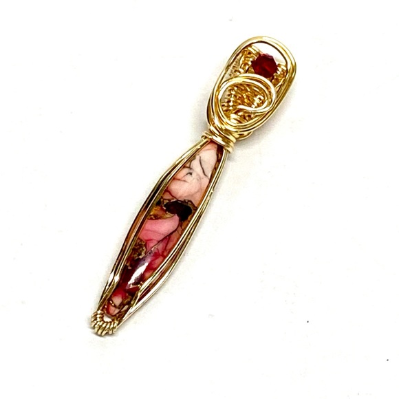 HANDMADE Modern Pendant Kingman Red Dahlia Rose Cabochon Hand Wrapped  Pendant - Picture 9 of 10